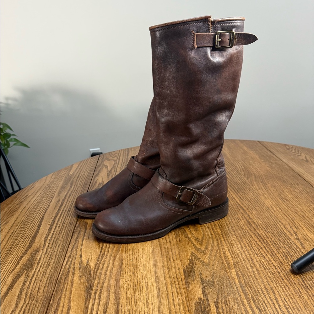 Frye Veronica Dark Brown Leather Buckle Slouched Boots